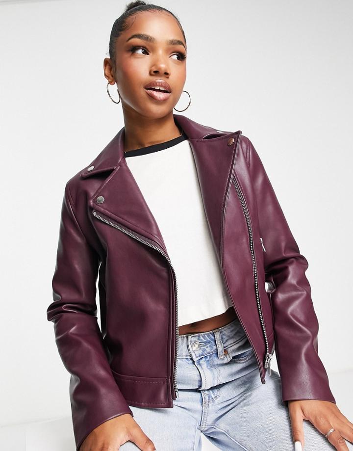 Asos Design Ultimate Faux Leather Moto Jacket In Burgundy-red