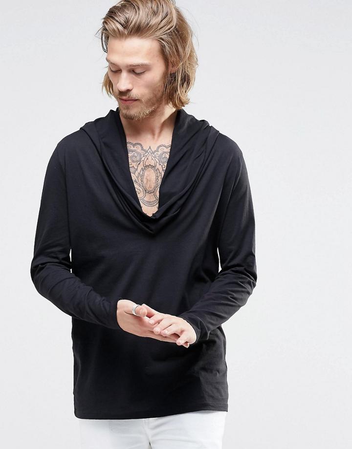 Asos Longline Long Sleeve T-shirt With Drape Neck - Black