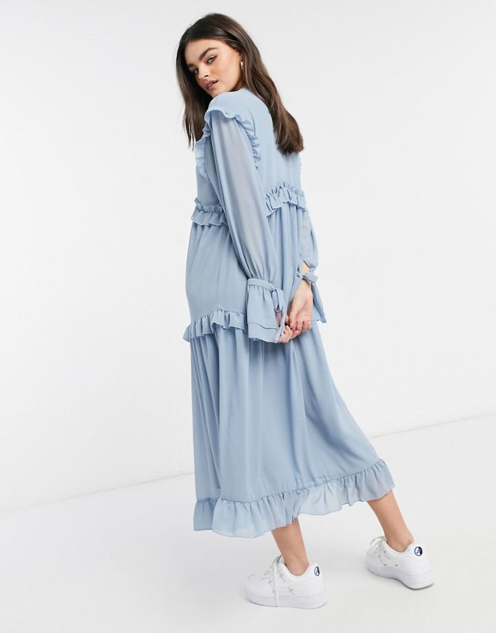Pretty Lavish Ruffle Smock Dress With Ruffle Detail In Slate Blue-blues