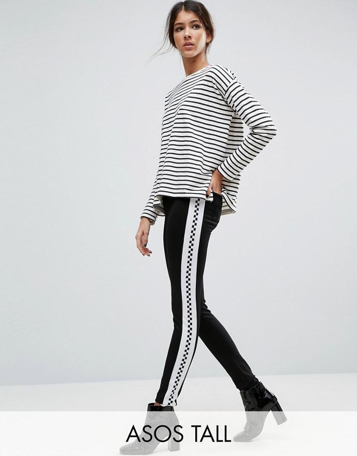 Asos Tall Skinny Pants With Checkerboard Side Stripe - Black