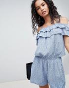 Qed London Ditsy Print Cold Shoulder Romper - Blue