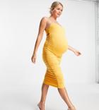 Asos Design Maternity Square Neck Ruched Double Strap Back Midi Dress In Peach-orange