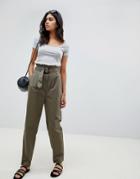 Asos Design Peg Pants With Lace Paperbag Waist - Brown