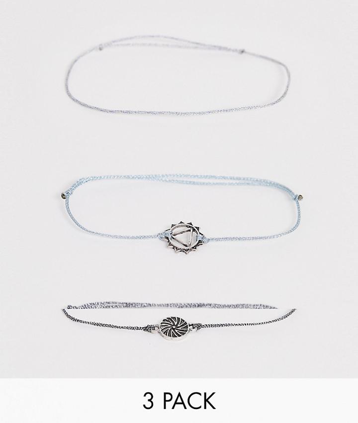 Asos Design Layered Bracelet Pack With Fabric And Charm Interest In Silver - Silver