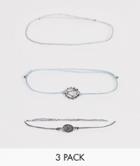 Asos Design Layered Bracelet Pack With Fabric And Charm Interest In Silver - Silver