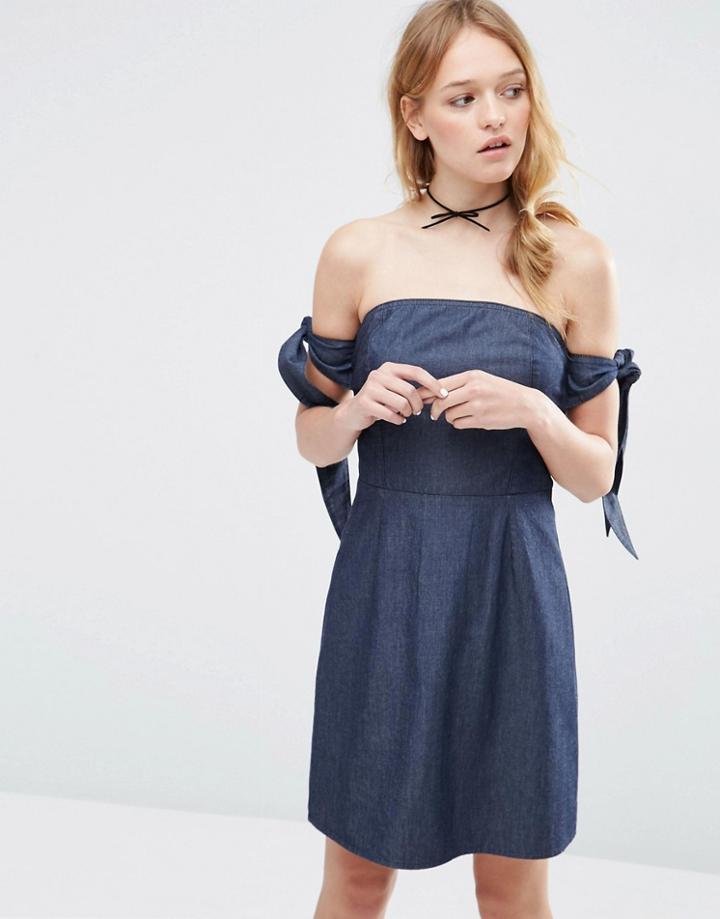 Asos Denim A-line Mini Dress With Tie Sleeves - Blue