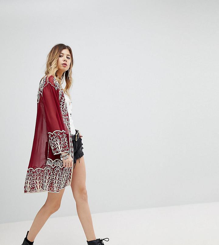 Sacred Hawk Embroidered Kimono - Red