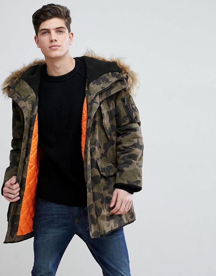 Mango Man Padded Coat With Faux Fur Hood In Camo - Green