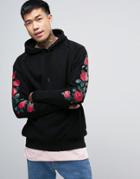 Parca Hoodie With Rose Sleeve Print - Black