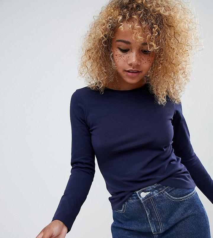 Asos Design Petite Ultimate Top With Long Sleeve And Crew Neck In Navy - Navy