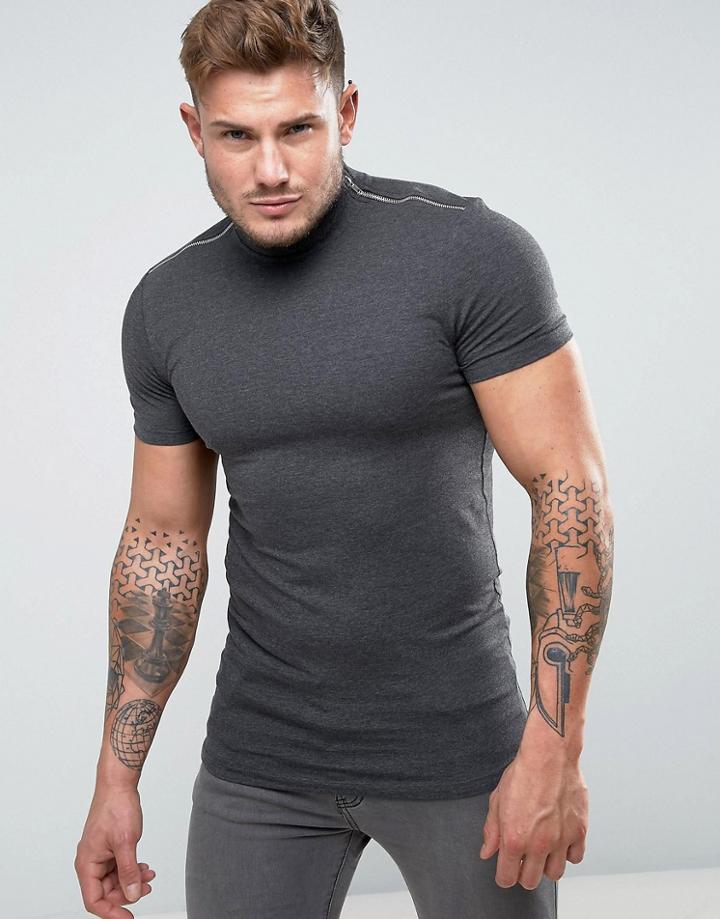 Asos Longline Muscle T-shirt With Zip Neck In Charcoal - Gray