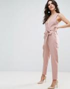 Asos Wrap Front Jumpsuit With Twist Back And Self Tie - Pink