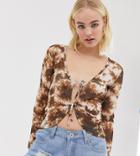 One Above Another Top With Tie Front In Sheer Grunge Tie Dye - Brown