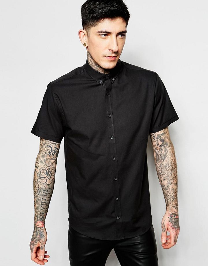 Lindbergh Oxford Shirt In Black Short Sleeves - Black