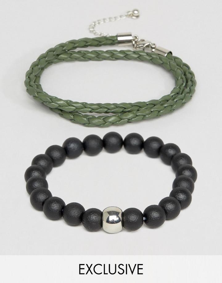 Designb London Faux Leather & Beaded Bracelets In 2 Pack - Multi