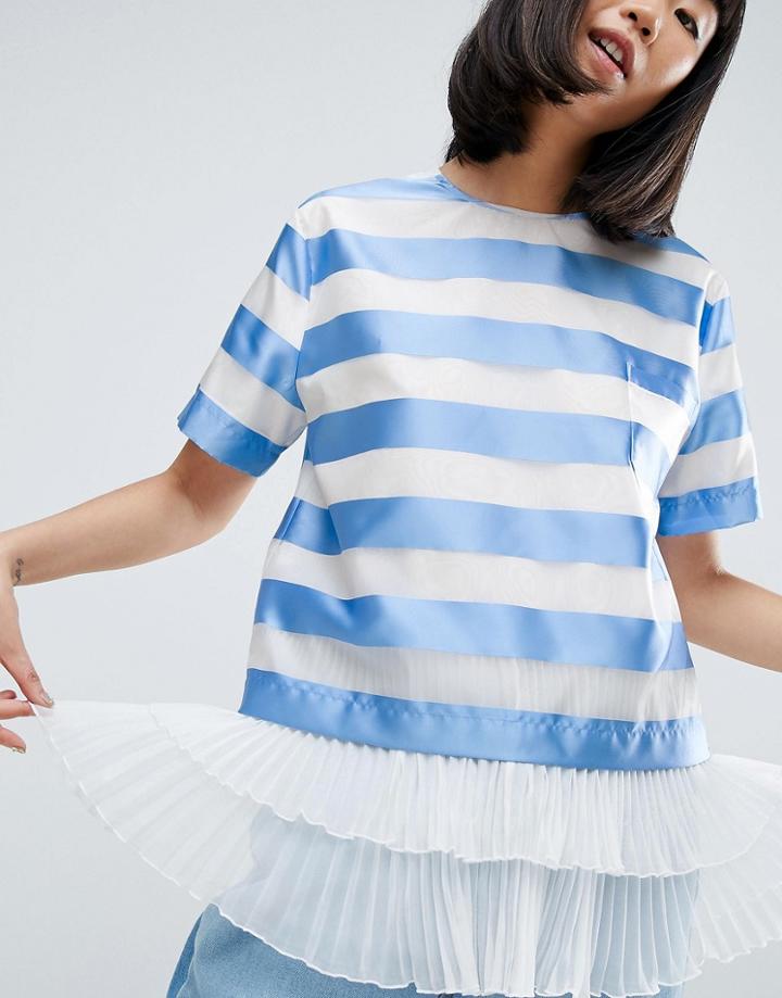 Asos White Stripe Pleat Hem Top - Multi