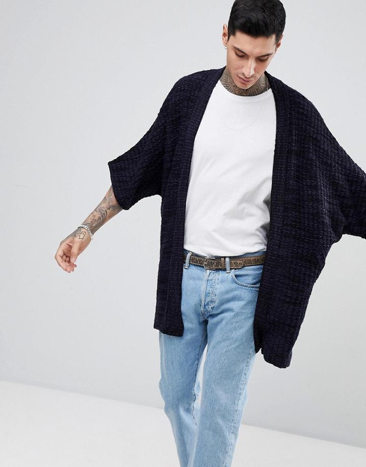 Asos Knitted Textured Kimono Jacket In Navy - Navy
