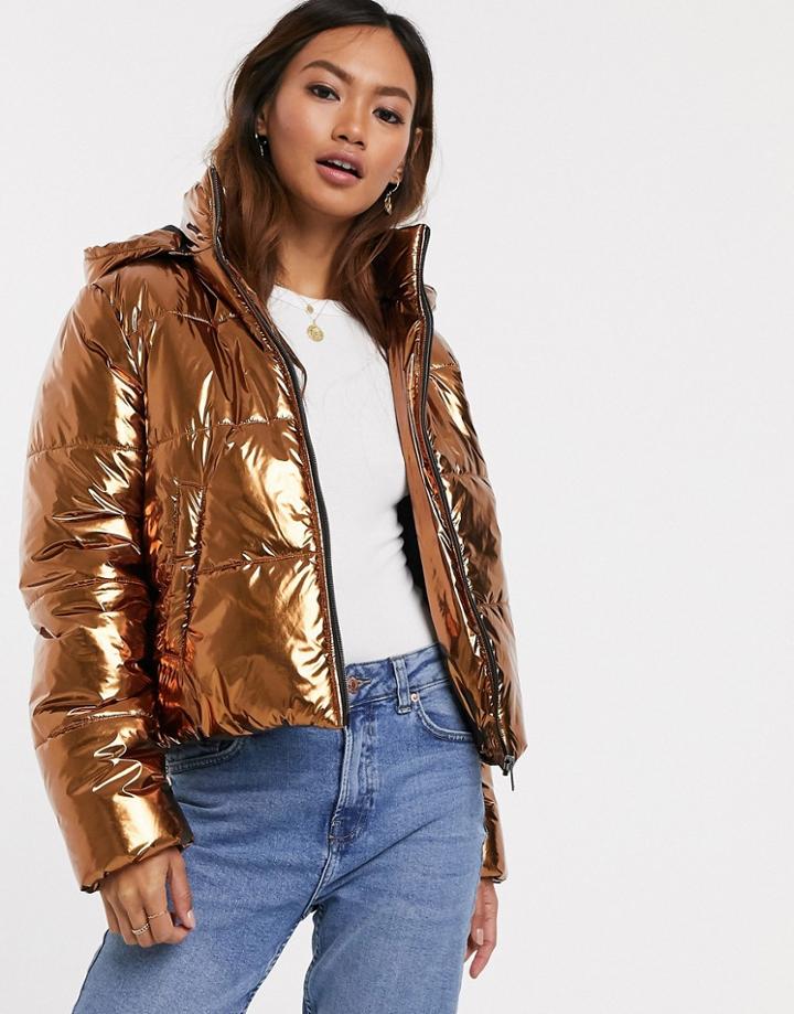 Pieces High Shine Puffer Jacket-brown
