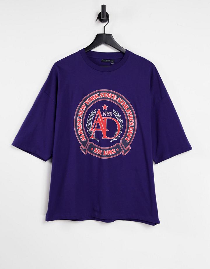 Asos Design Oversized T-shirt In Blue With Collegiate Print-purple