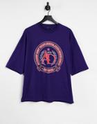 Asos Design Oversized T-shirt In Blue With Collegiate Print-purple