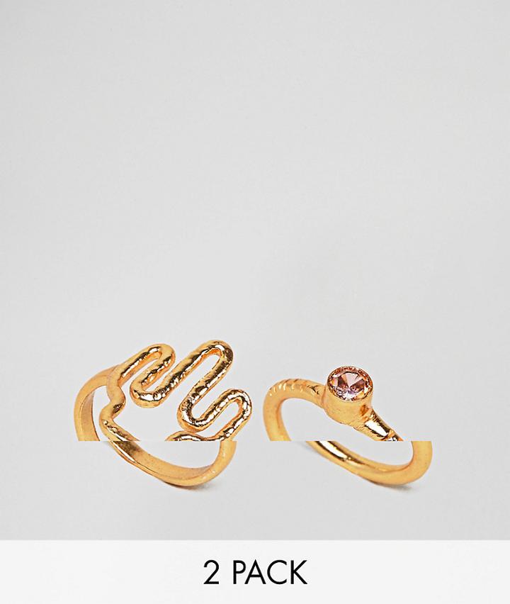 Asos Design Pack Of 2 Cactus And Stone Rings - Gold