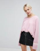 J.o.a Relaxed Varsity Sweater With Xl Sports Stripe Cuffs-pink