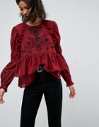 Asos Embroidered Poet Sleeve Blouse - Red