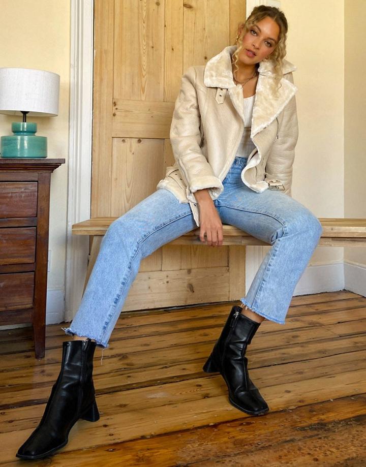 Topshop Faux Leather Aviator Jacket In Ecru-white