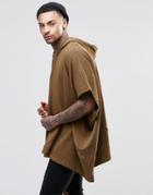 Asos Longline Hooded Cape With Zip Neck - Fawn