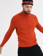 Only & Sons Chunky Cable High Neck Sweater In Orange