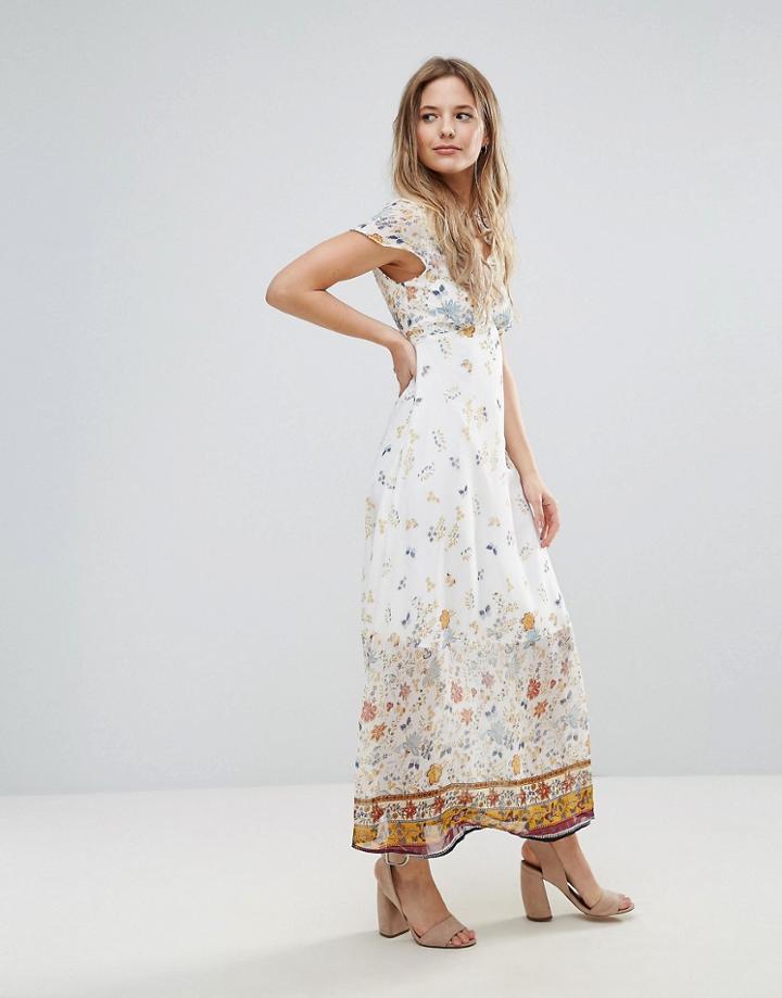 Yumi Maxi Dress In Meadow Border Print - White
