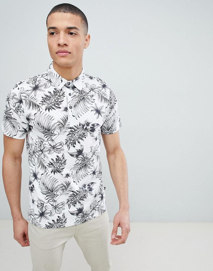 Burton Menswear Polo Shirt In Palm & Floral Print - White
