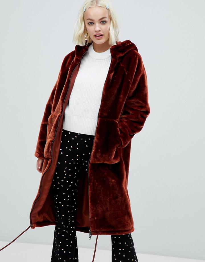 Monki Faux Fur Zip Hooded Coat In Brown - Brown