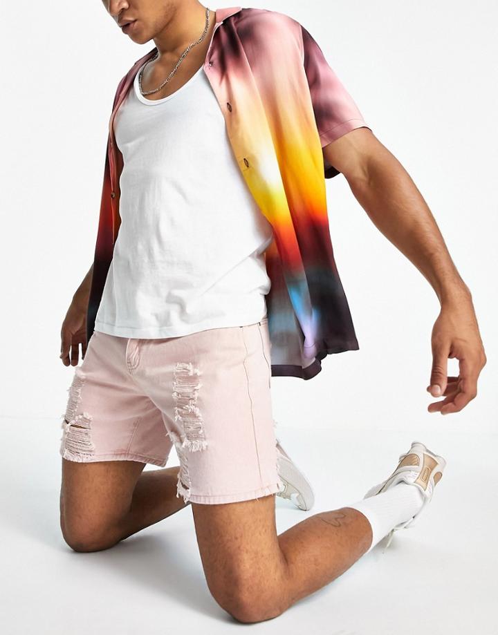 Liquor N Poker 90s Distressed Denim Shorts Set In Pink