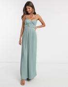 Asos Design Premium Cami Pleated Maxi Dress With Trim Detail In Spearmint-green