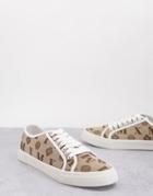 Asos Design Lace Up Sneakers In Brown Monogram Print-neutral