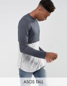 Asos Tall Longline Long Sleeve T-shirt In Mixed Textured Fabric With Rose Gold Side Zips - Gray