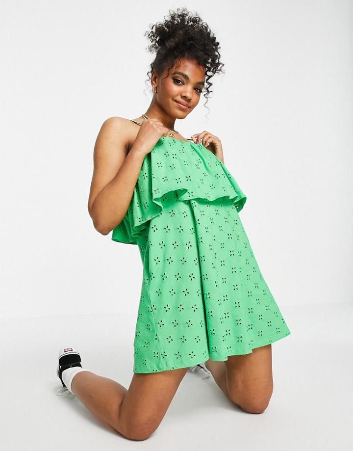 Asos Design Broderie Strappy Overlayer Mini Dress In Apple Green