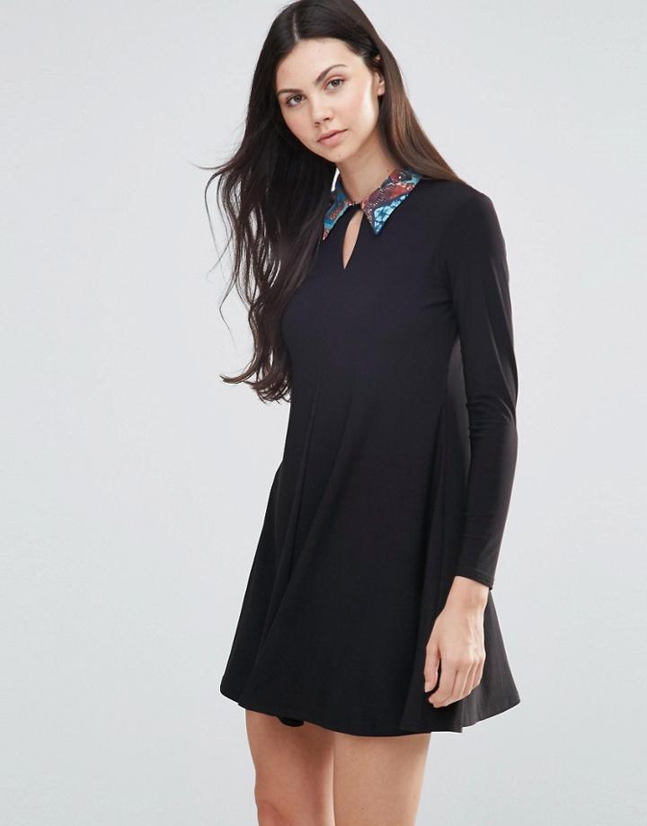 Love Contrast Collar A Line Dress - Black