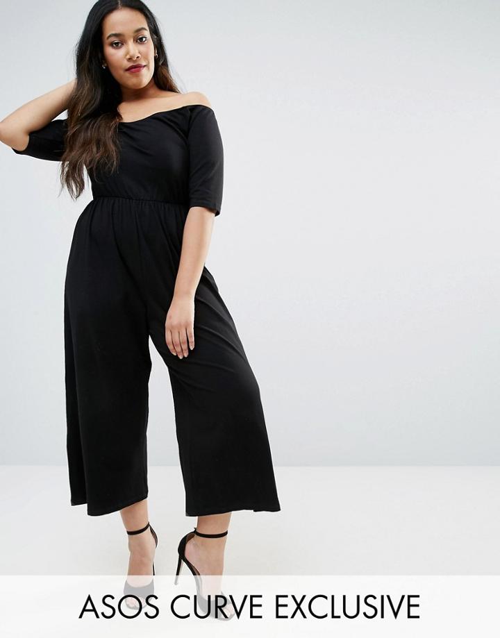 Asos Curve Bardot Jumpsuit With Crop Wide Leg - Black