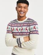 Asos Design Cable Knit Christmas Sweater With Yoke Fairisle In Ecru-white