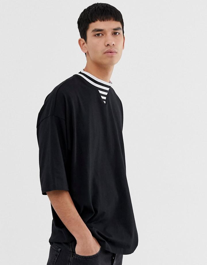 Asos Design Organic Cotton Oversized T-shirt With Stripe Neck Tipping In Black - Black