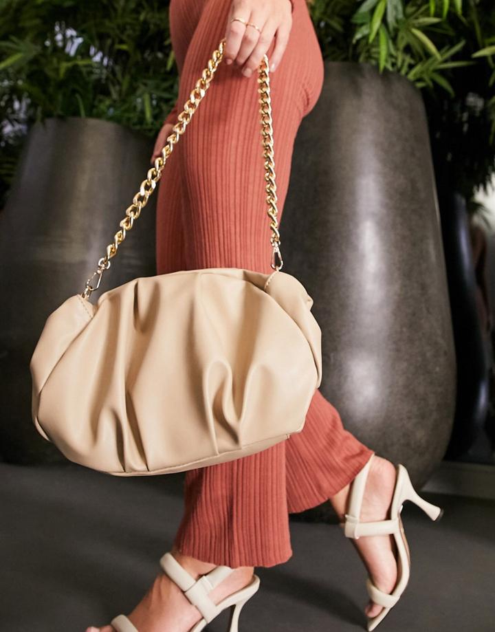 Asos Design Oversized Ruched Clutch In Beige With Detachable Shoulder Chain-neutral