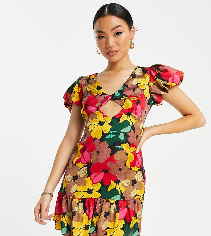 Topshop Petite Bold Floral Tie Front Mini Dress In Multi