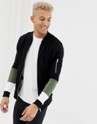 Asos Design Muscle Jersey Bomber Jacket With Ma1 Pocket And Color Blocking - Black