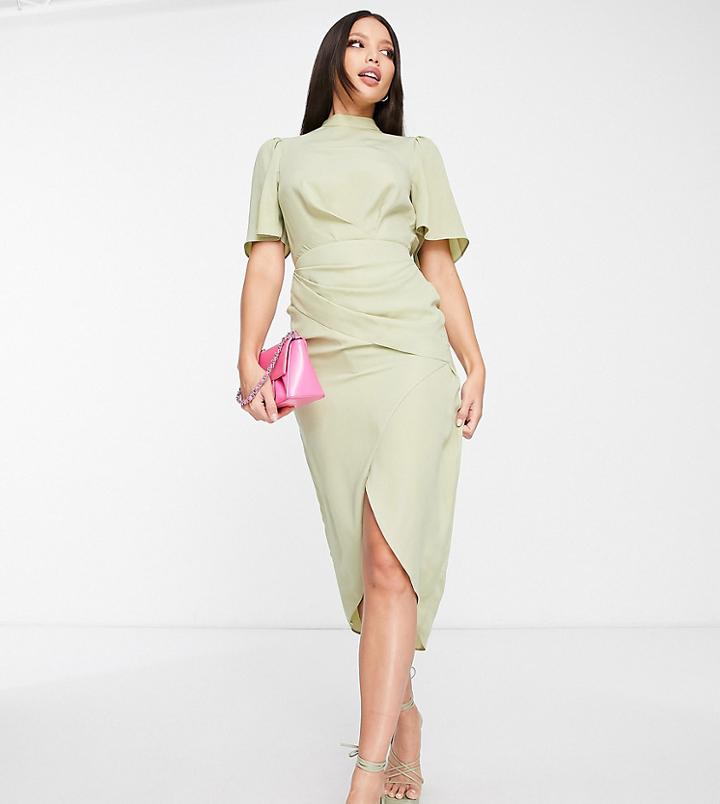 Asos Design Tall Short Sleeve High Neck Drape Wrap Front Midi Dress In Sage Green
