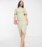 Asos Design Tall Short Sleeve High Neck Drape Wrap Front Midi Dress In Sage Green