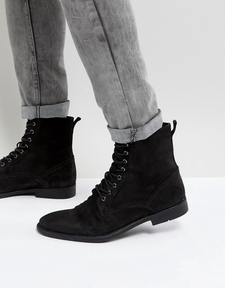 Asos Lace Up Boots In Black Leather With Distressed Sole - Black