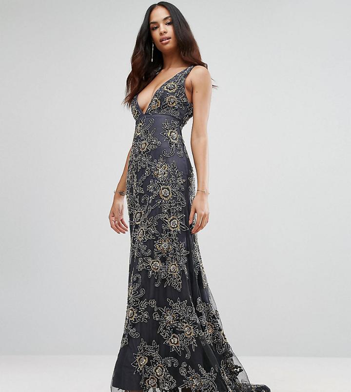 A Star Is Born Plunge Neck Maxi Dress With Contrast Embellishment - Gray