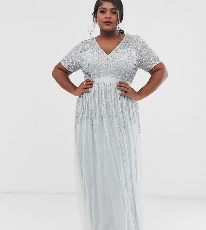 Maya Plus Mesh All Over Scattered Sequin Pleated Maxi Dress In Ice Blue - Blue